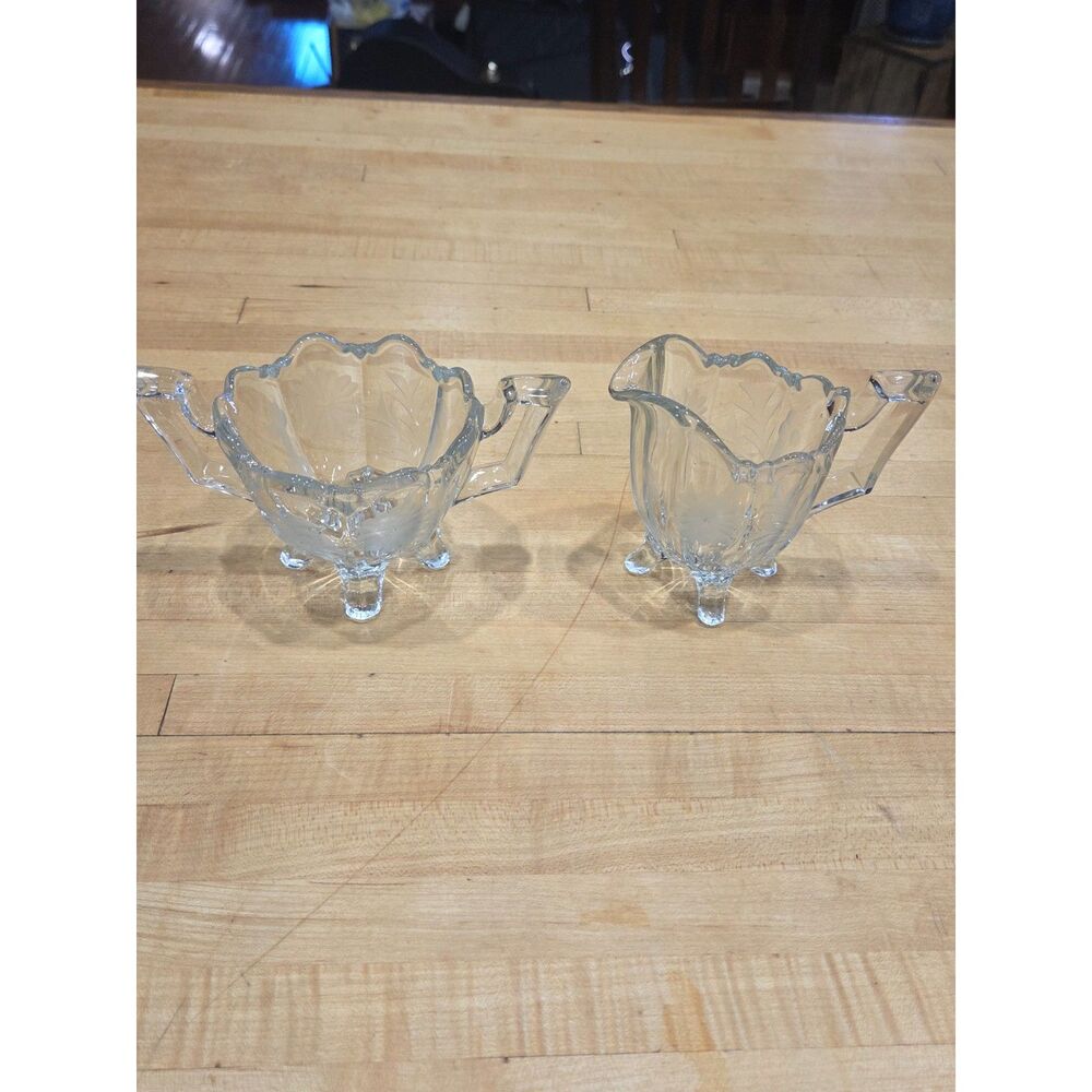 Vintage Clear Glass Etched Floral Creamer and Sugar Bowl Set Four Footed 2 Pcs